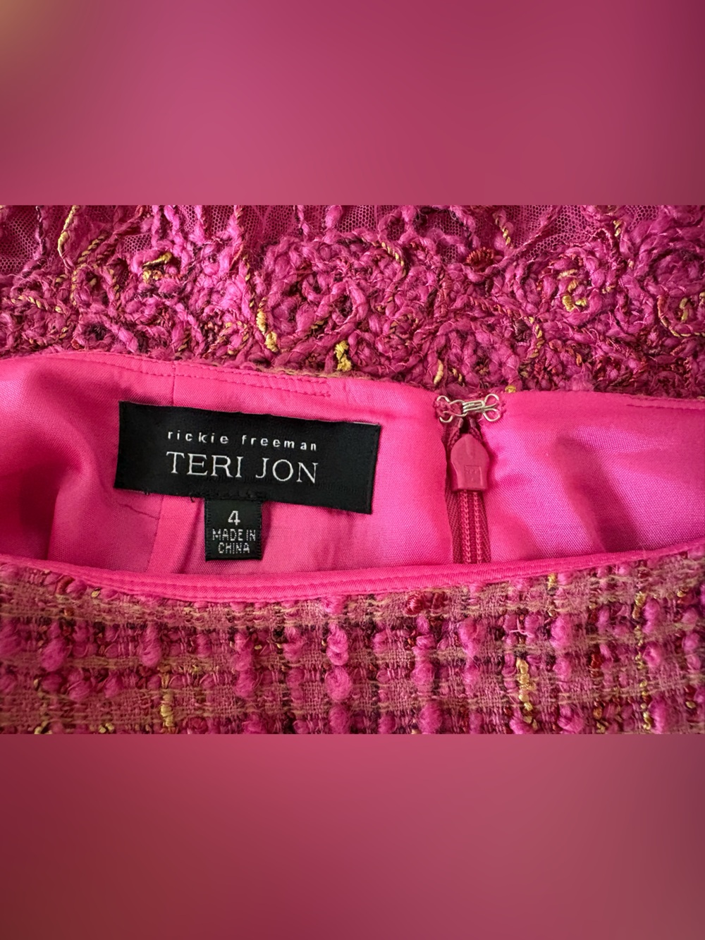 Vintage Rickie Freeman Teri Jon Pink Boucle Tweed Skirt Suit Emboidered Trim 2/4 - Picture 15 of 15